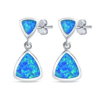 Triangle Shape Stud Tipi Earrings Lab Created Blue Opal 925 Sterling Silver (20mm)